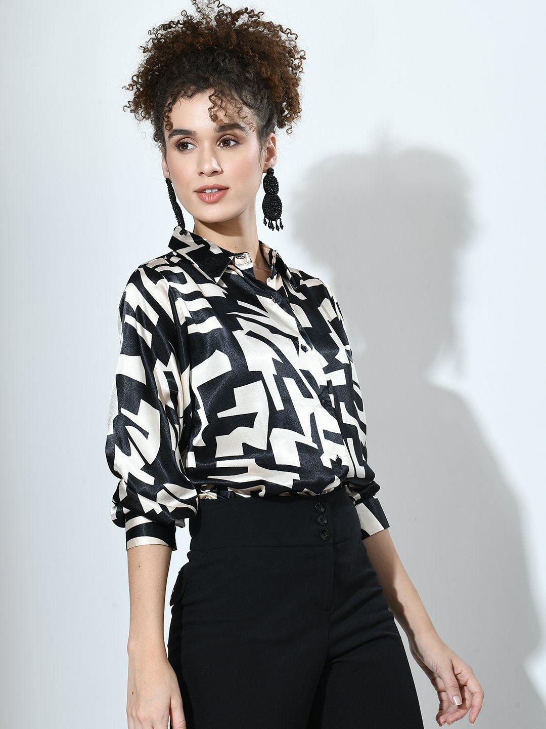 Curved Printed Satin Shirt - Vooning