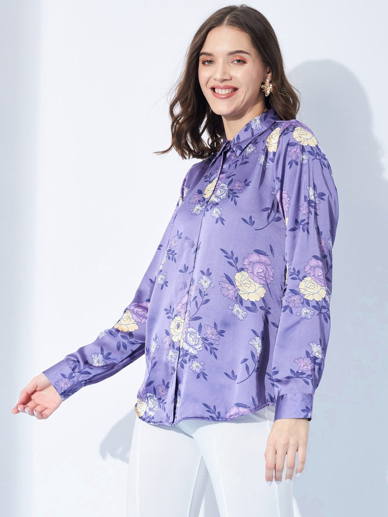 Purple Floral Printed Satin Shirt