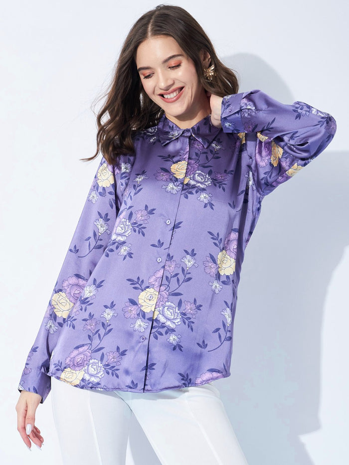 Purple Floral Printed Satin Shirt